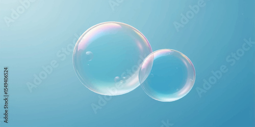 Transparent soap bubbles float lightly on a blue aqua background