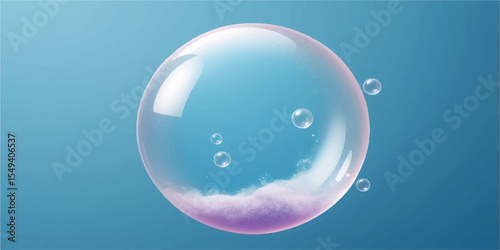 Glossy soap bubbles reflect light on a clear blue background, showcasing their transparent, spherical form