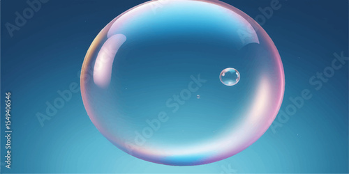 Transparent soap bubbles reflecting light on a clear blue background