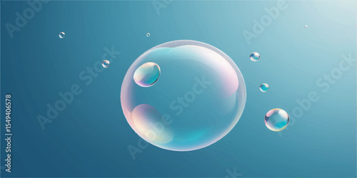 Transparent spheres of soap and water reflect light against a blue sky, illustrating fun, shiny aqua drops