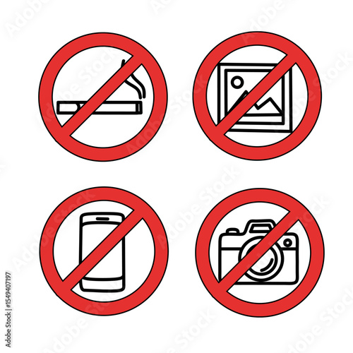 Set of prohibition signs including no smoking, no photos, no mobile phones, and no image capturing. Red circle warning icons for public safety and regulations