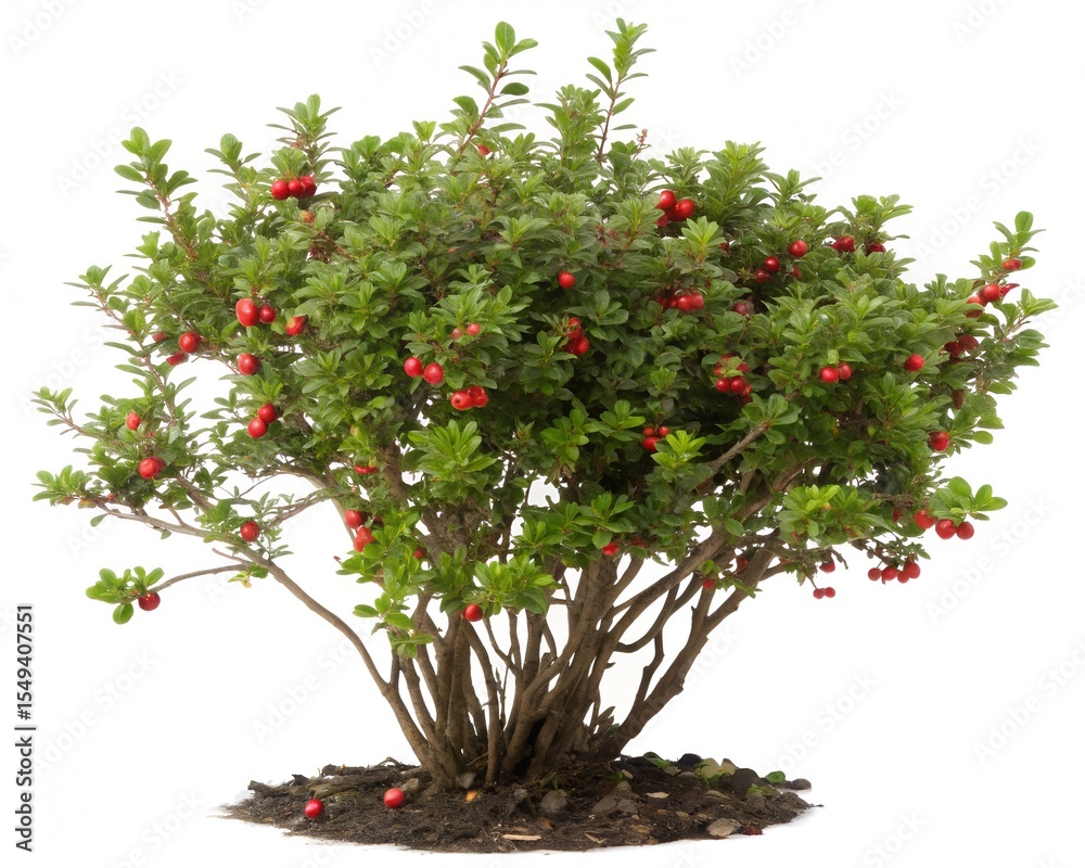 Fototapeta premium Bearberry shrub with fresh ripe red berries on white background