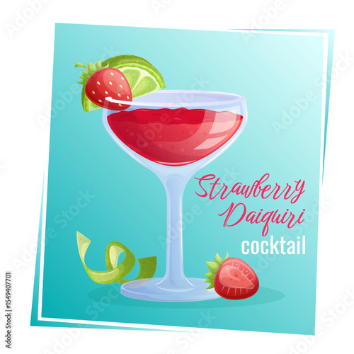 Strawberry daiquiri cocktail in a glass, lime slice, strawberry, zest on a blue background. The concept of a party, cocktail bar, summer. Isolated vector illustration for menu design, posters, banners