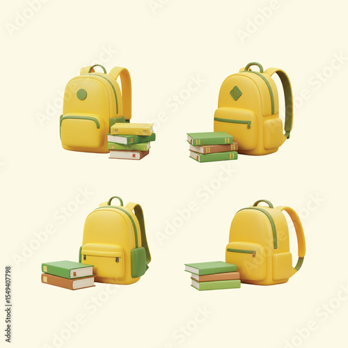 Backpack Illustrations Yellow School Bags with Books, Perfect for Education Designs and Back-to-School Projects