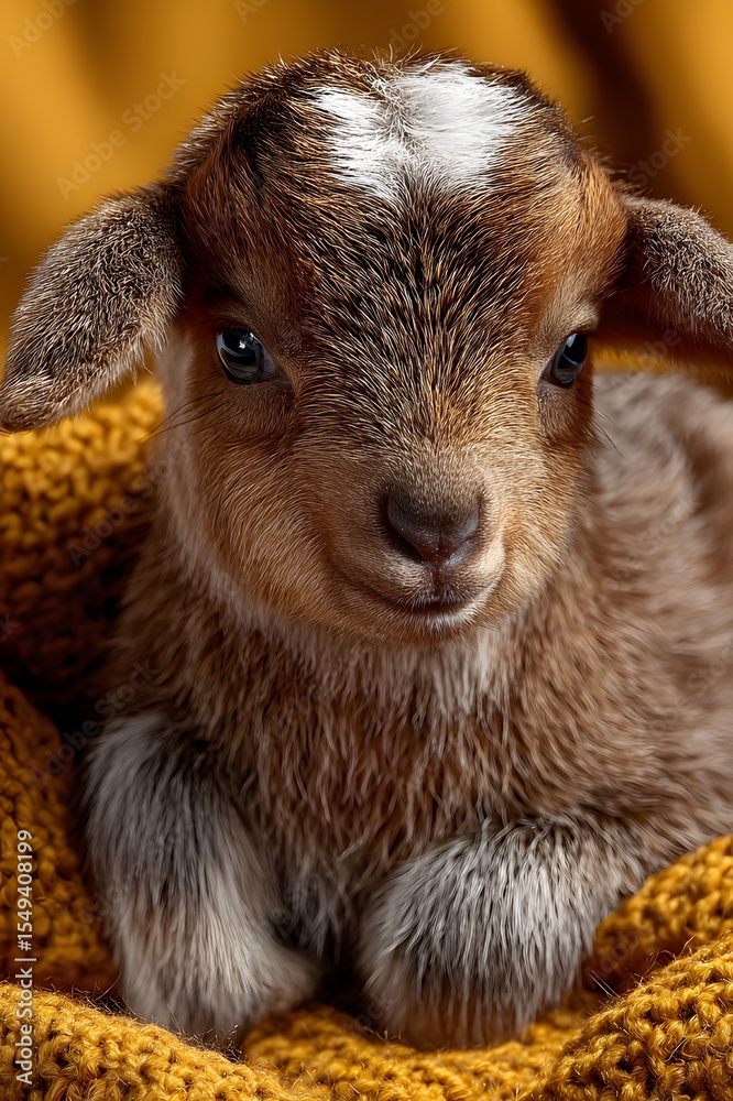 Fototapeta premium Sweet Baby Goat Snuggled in Warm Blanket