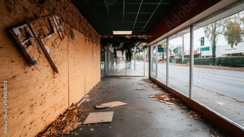 An abandoned storefront with peeling walls and debris strewn about, reflecting the passage of time and evoking feelings of nostalgia and urban decay within city life.
