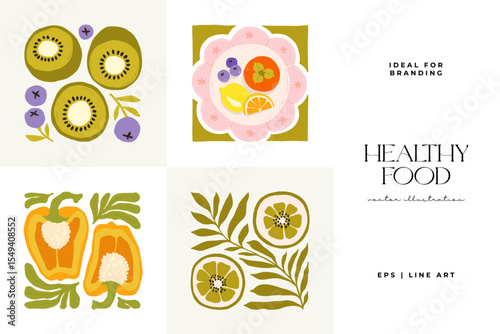 Abstract fruits and vegetables elements. Modern trendy minimalist. Healthy Food. Hand drawn design for wallpaper, wall decor, print, postcard, cover, template, banner.