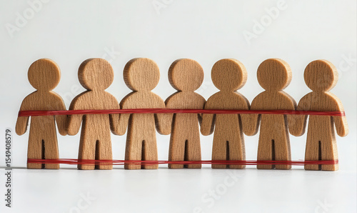 Wooden figures constrained by red rubber bands