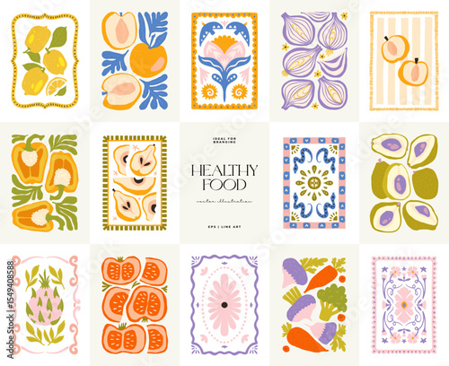 Abstract fruits and vegetables elements. Modern trendy minimalist. Healthy Food. Hand drawn design for wallpaper, wall decor, print, postcard, cover, template, banner.