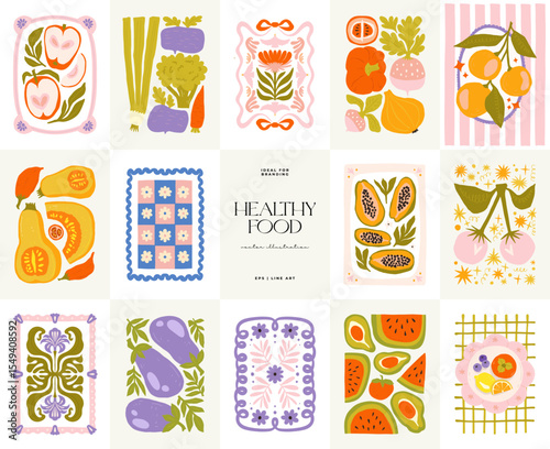 Abstract fruits and vegetables elements. Modern trendy minimalist. Healthy Food. Hand drawn design for wallpaper, wall decor, print, postcard, cover, template, banner.