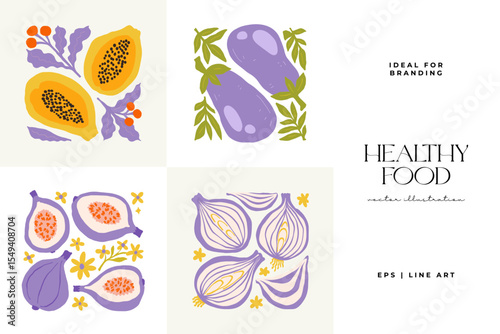 Abstract fruits and vegetables elements. Modern trendy minimalist. Healthy Food. Hand drawn design for wallpaper, wall decor, print, postcard, cover, template, banner.