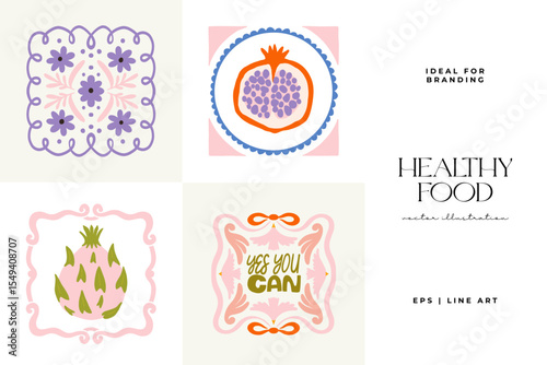 Abstract fruits and vegetables elements. Modern trendy minimalist. Healthy Food. Hand drawn design for wallpaper, wall decor, print, postcard, cover, template, banner.