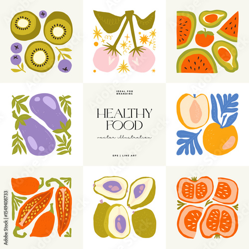 Abstract fruits and vegetables elements. Modern trendy minimalist. Healthy Food. Hand drawn design for wallpaper, wall decor, print, postcard, cover, template, banner.