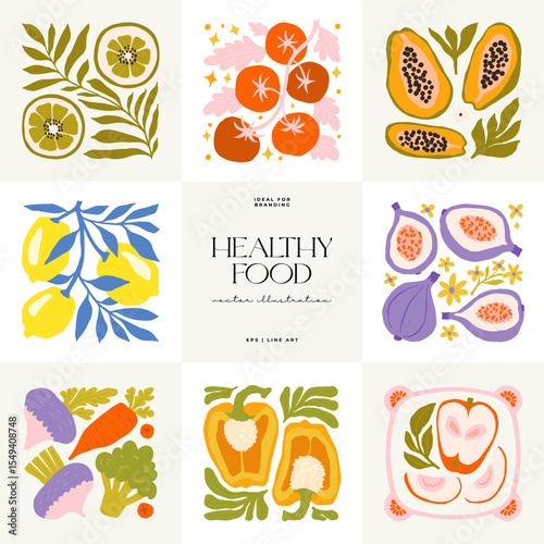 Abstract fruits and vegetables elements. Modern trendy minimalist. Healthy Food. Hand drawn design for wallpaper, wall decor, print, postcard, cover, template, banner.