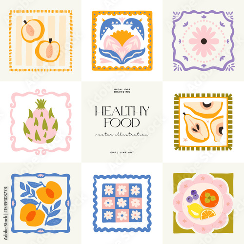 Abstract fruits and vegetables elements. Modern trendy minimalist. Healthy Food. Hand drawn design for wallpaper, wall decor, print, postcard, cover, template, banner.