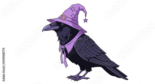 Isolated Cartoon Raven Wearing Wizard Hat