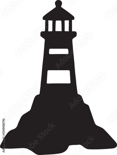 Silhouette vector of a small lighthouse standing on a rocky base, ideal for nautical and coastal design themes.