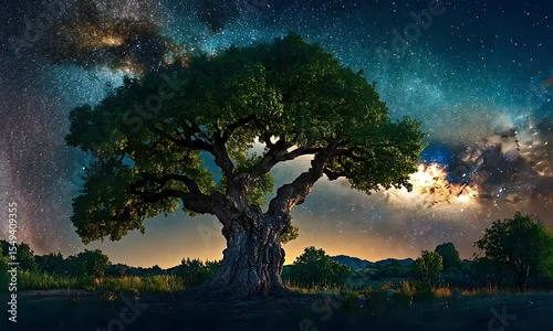 Celestial symphony: A majestic oak silhouette against the dazzling galactic canvas