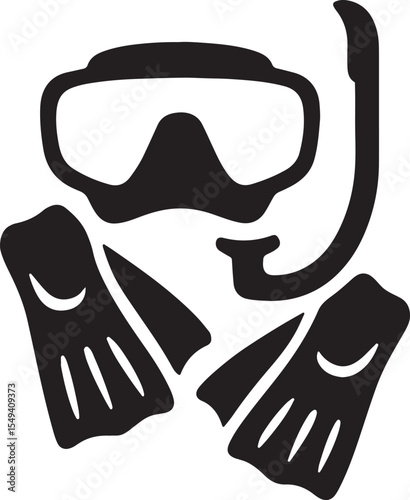Silhouette vector of snorkel mask and fins, ideal for diving, underwater exploration, and summer beach themes.