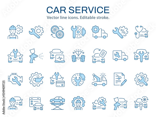 Auto service icons, such as car maintenance, diagnostics, auto mechanic and more. Vector illustration. Editable stroke. Change to any size and any color.
