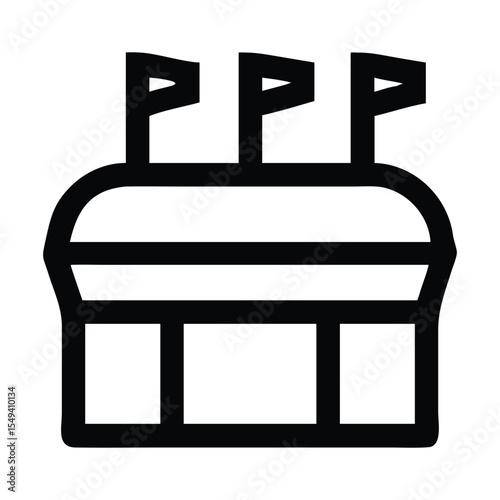 Stadium Icon Graphic Illustration Featuring Three Flag Topped Sections And Rectangular Openings in the Lower Facade Section