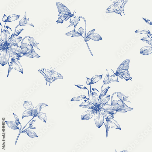 Vintage Toile art Floral vector seamless pattern flowers Clematis and butterflies, blue beige. Hand drawn background for design wedding, packaging, textile, wrapping paper, wallpaper, Fashion apparel