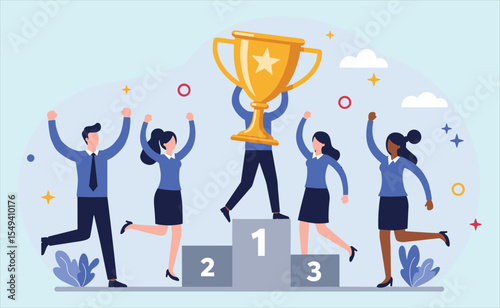 Celebrating Business Success and Team Achievement in Bangladesh: Diverse Team on Podium Holding Trophy for First Place Victory and Accomplishment