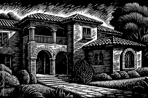 Mediterranean villa with clay roof tiles, arched balconies, and rustic textures, a black and white sketch vector