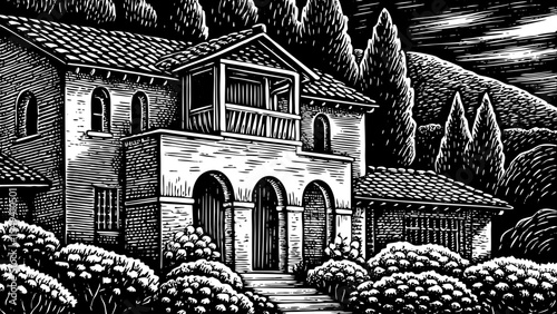 Mediterranean villa with clay roof tiles, arched balconies, and rustic textures, a black and white sketch vector