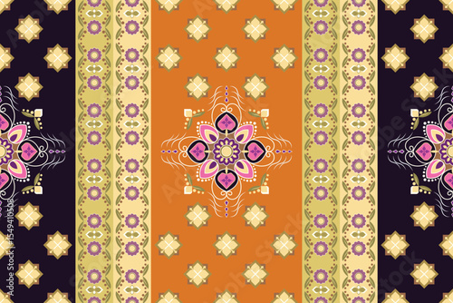 Seamless ethnic pattern with Indian and Pakistani influences. Features mandala motifs, floral geometry, and ornate borders in warm, rich tones ideal for textiles, decor, and festive designs.