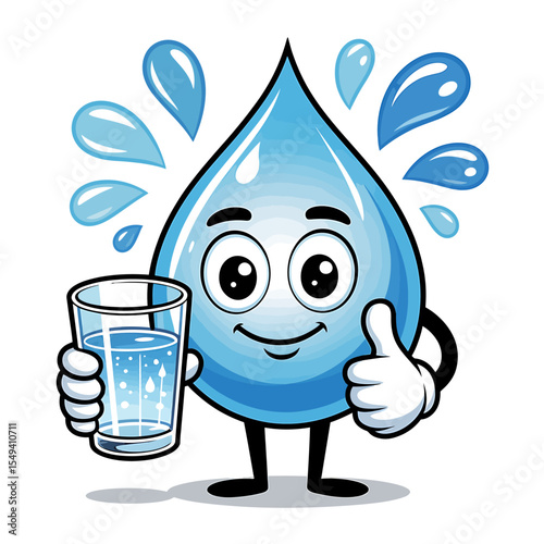 A Vibrant Cartoon Illustration of a Happy Water Drop Promoting Hydration