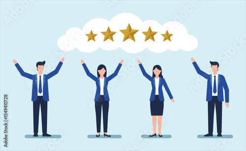 Team Celebrating Five-Star Customer Reviews and High Ratings: Successful Business Achieving Excellent Feedback, Recognition, and Positive Brand Reputation