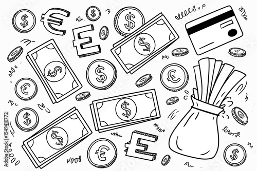 A Black and White Hand-Drawn Illustration of Money Dollars, Euros, and Credit Cards