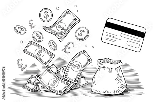 A Black and White Hand-Drawn Illustration Money, Finance, and Credit Cards