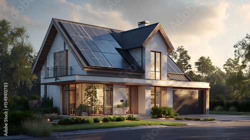 Modern home with solar panels on the roof and a garage on a sunny day surrounded by greenery