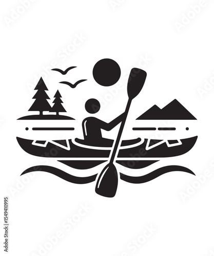 Man in Kayak Silhouette Vector On White Background.