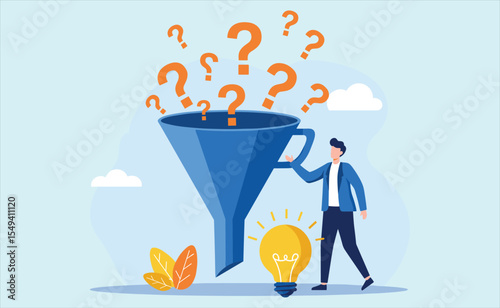 Problem Solving Funnel and Creative Idea Generation: Business Professional Transforming Questions into Innovative Solutions and Bright Concepts
