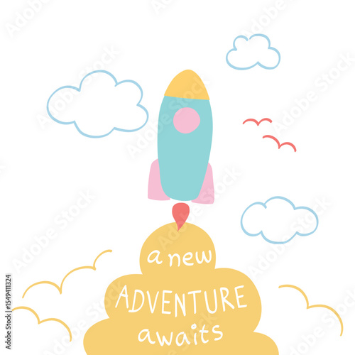 Rocket farewell card on cloud background