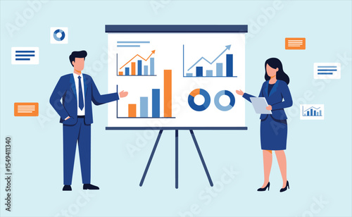 Business Professionals Presenting Financial Data and Marketing Strategy: Analyzing Charts, Graphs, and Reports for Growth and Performance Improvement