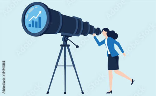 Businesswoman Observing Future Growth and Market Trends Through Telescope: Strategic Vision, Forecasting, and Planning for Success in Bangladesh