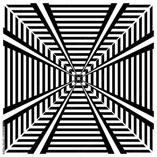 Optical illusion pattern. Geometric tunnel effect. Vector perspective design. Black white stripes