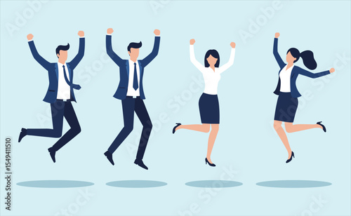 Joyful Business Team Celebrating Success with Jumping Figures: Expressing Enthusiasm, Achievement, and Positive Energy in the Workplace
