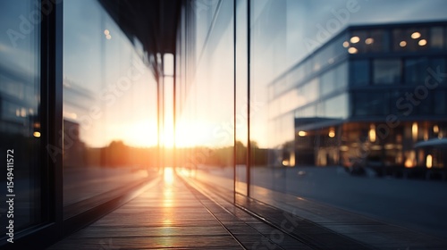 Modern office building facade at sunset. Sunlight streams through glass walls