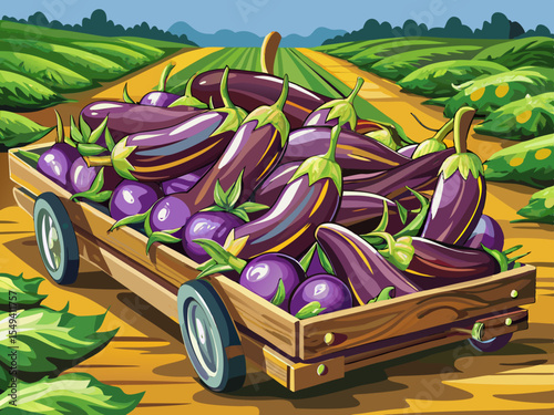 vector of Long or elongated eggplants that are piled in a large wooden cart.