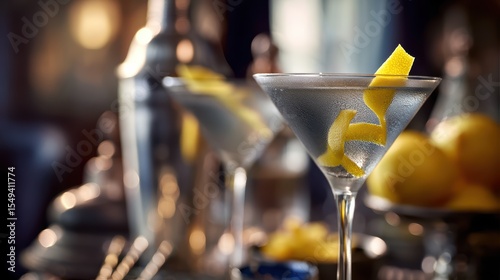 Sleek Vesper Martini chilled with silvery sheen and lemon peel twist on a softly blurred 1930s speakeasy under perfect lighting