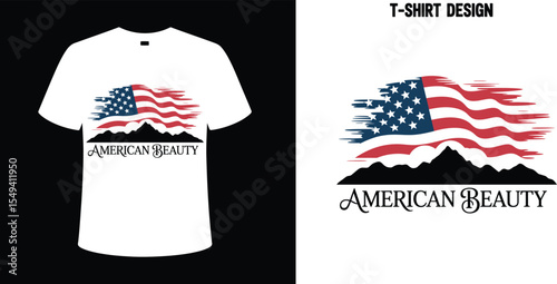 American beauty t shirt design with american flag and mountain vector graphic for patriotic apparel editable stock vector