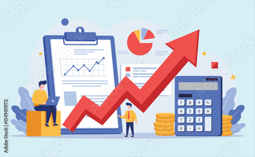 Financial Growth Analysis and Business Strategy Development: Professionals Reviewing Data, Charts, and Calculators for Profit Increase and Investment