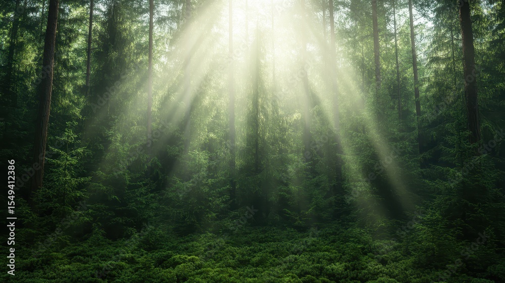 Obraz premium An enchanting image of sunlight streaming through the tall trees in a green forest, portraying the beauty of nature and the ethereal quality of light in a tranquil environment.