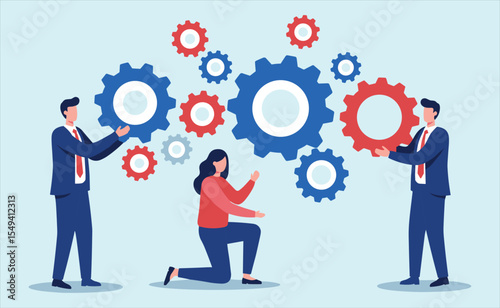  Business Team Collaborating on Complex Interlocking Gears: Demonstrating Synergy, Problem-Solving, and Strategic Teamwork for System Optimization and Innovation