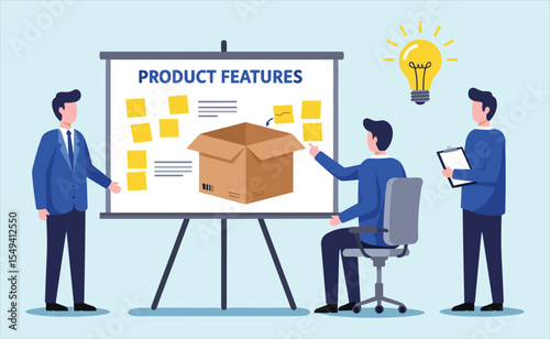 Business Team Brainstorming Product Features and Innovation: Collaborative Session Focused on Development, Ideas, and Strategic Planning for New Offerings